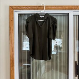 Frame Denim Dark Olive Gillian Puff-Sleeve Blouse